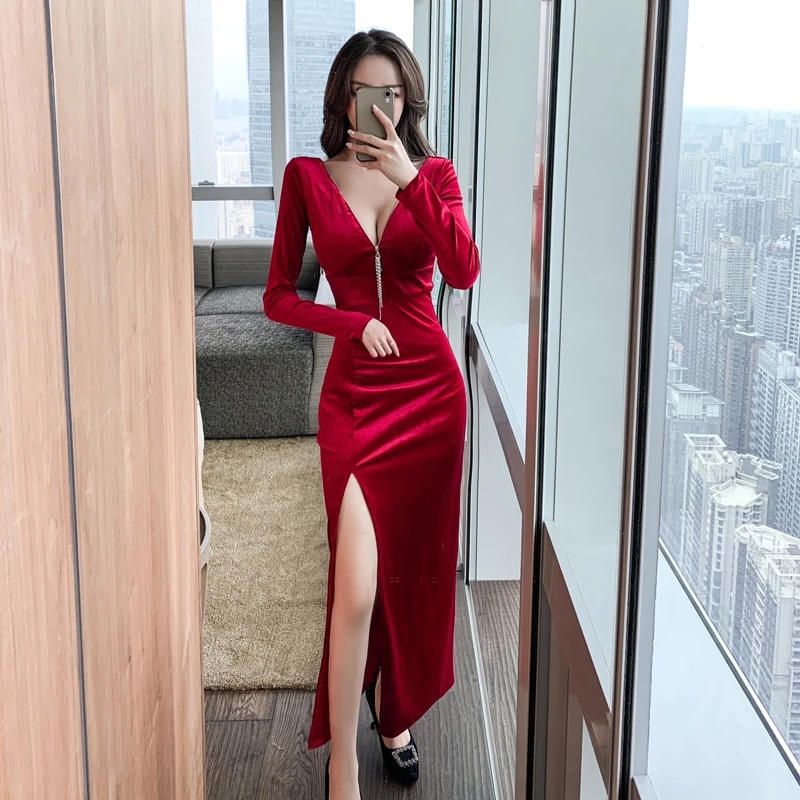 轻奢名媛气质御姐风夜场v领低胸开叉晚礼服长裙秋款金丝绒连衣裙