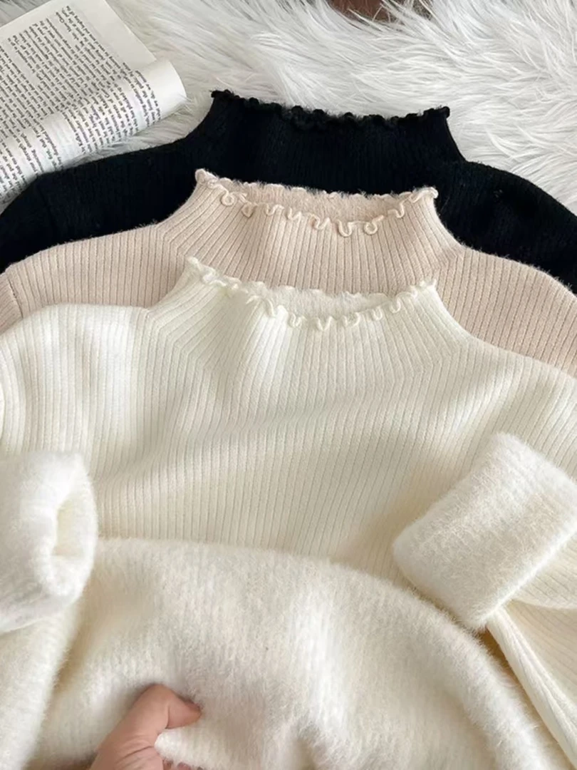 008加绒加厚长袖毛衣木耳边打底一体绒半高领毛衣