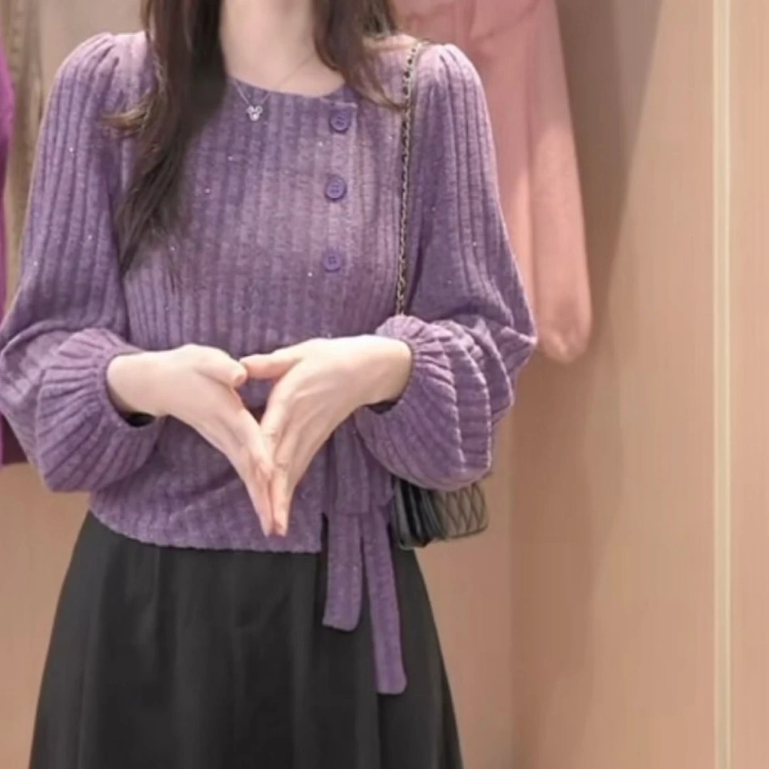 法式气质亮片百搭针织衫2024年设计感绑带收腰长袖条纹毛衣女上衣