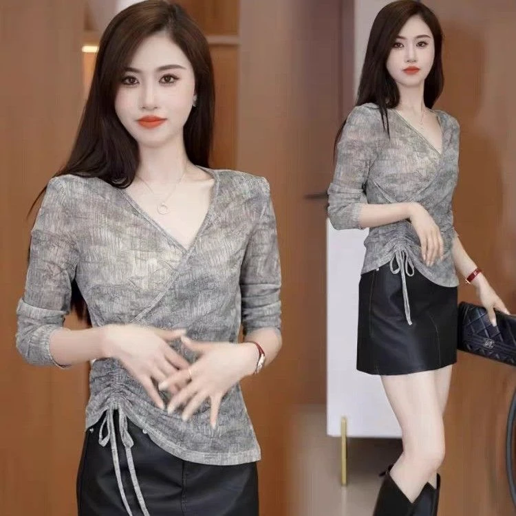 百搭洋气不规则扎染v长袖T恤女士秋季时尚短款抽绳设计感上衣服潮