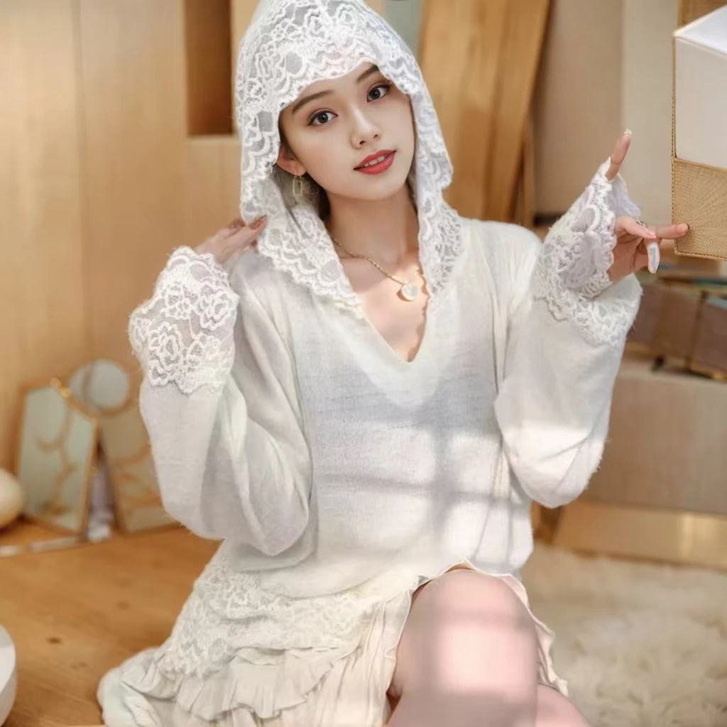 气质百搭时尚连帽蕾丝边拼接针织衫初春季重工钩花上衣打底