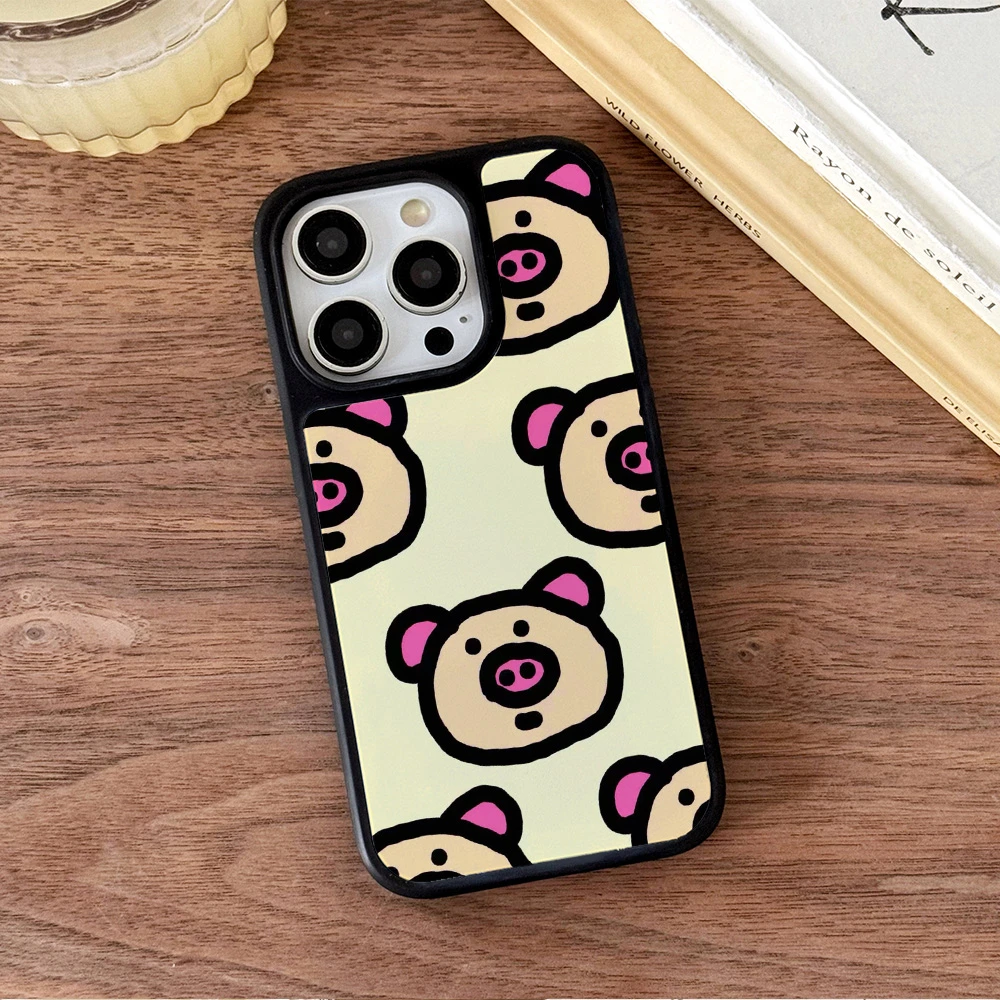 拼贴猪猪黑框晶瓷壳可爱防摔适用苹果16promax/16/15磁吸手机壳