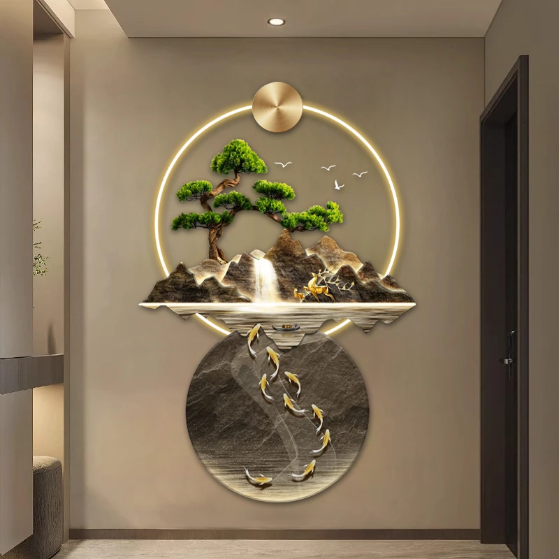 流水生财新中式麋鹿玄关装饰画走廊过道挂画山水画入户轻奢正对门