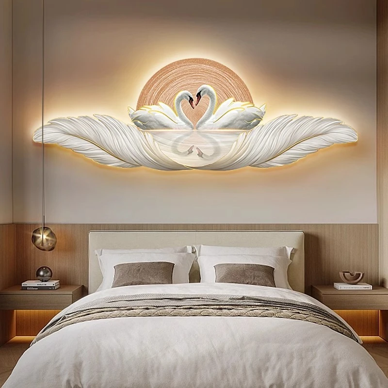 现代轻奢卧室床头美好天鹅挂画带装饰画沙发背景墙羽毛装饰壁画