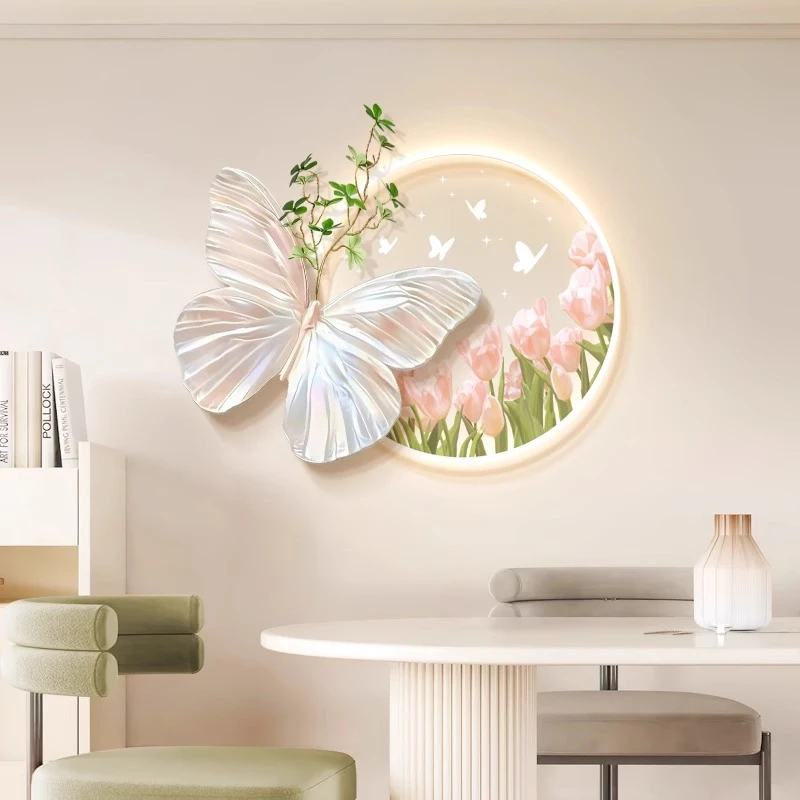 奶油风餐厅装饰画郁金香客厅电视机背景墙挂画高级感蝴蝶饭厅壁