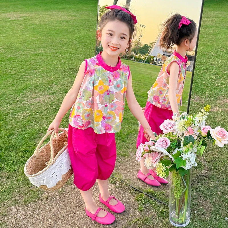 女童套装夏季2024新款儿童洋气碎花无袖娃娃衫小女孩灯笼裤两件套