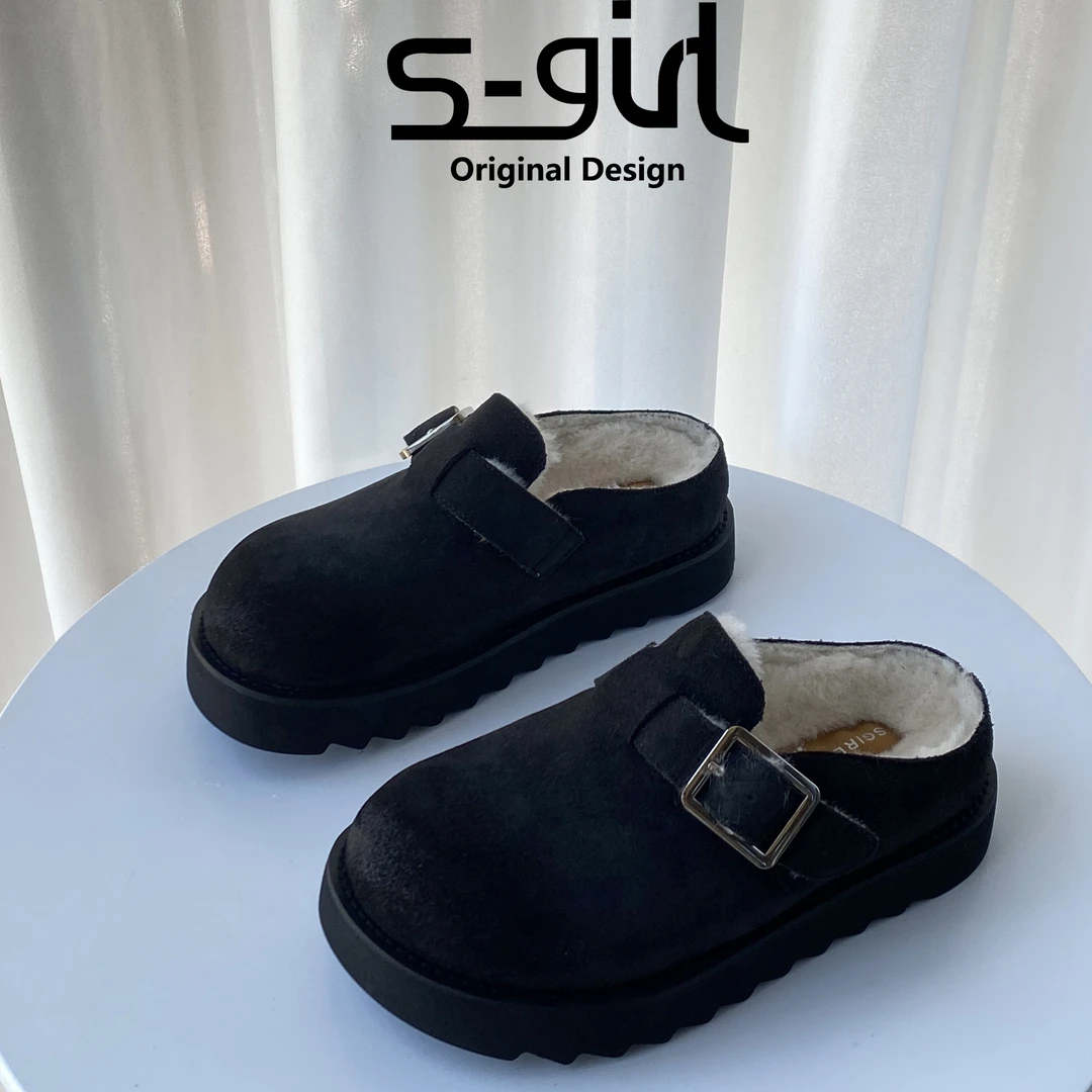 SGIRL TWTW厚底包头拖鞋女磨砂皮秋冬加绒一脚蹬懒人毛毛鞋勃肯鞋