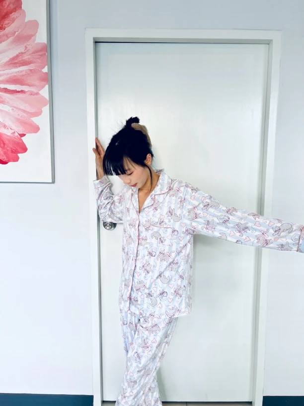 粉色baby蓝可爱喵甜美卡通满印宽松休闲睡衣套装女家居服设计师