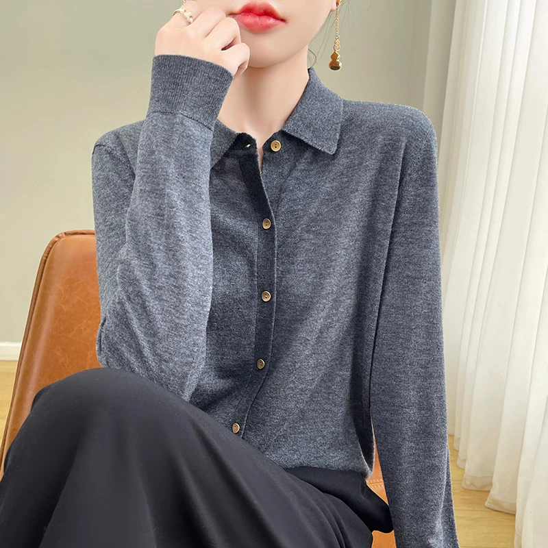 精纺羊毛衬衫领开衫春秋款薄款透气外套 气质长袖针织时尚百搭