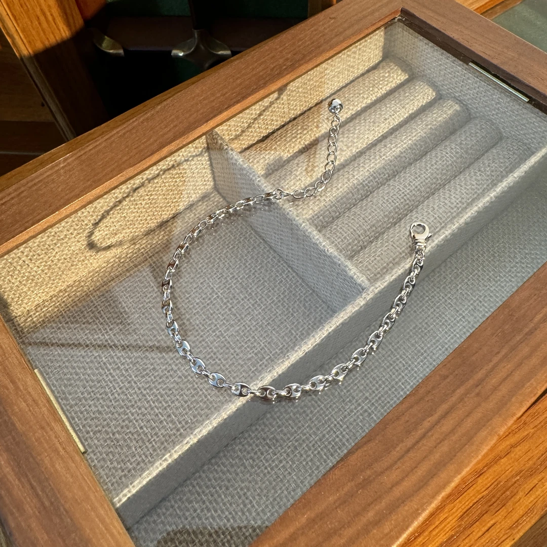 925银手链 实心猪鼻子手链纯银s925银饰