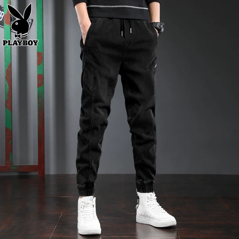 花花公子秋季牛仔裤男士运动束脚裤2024新款潮流黑色休闲长裤子男