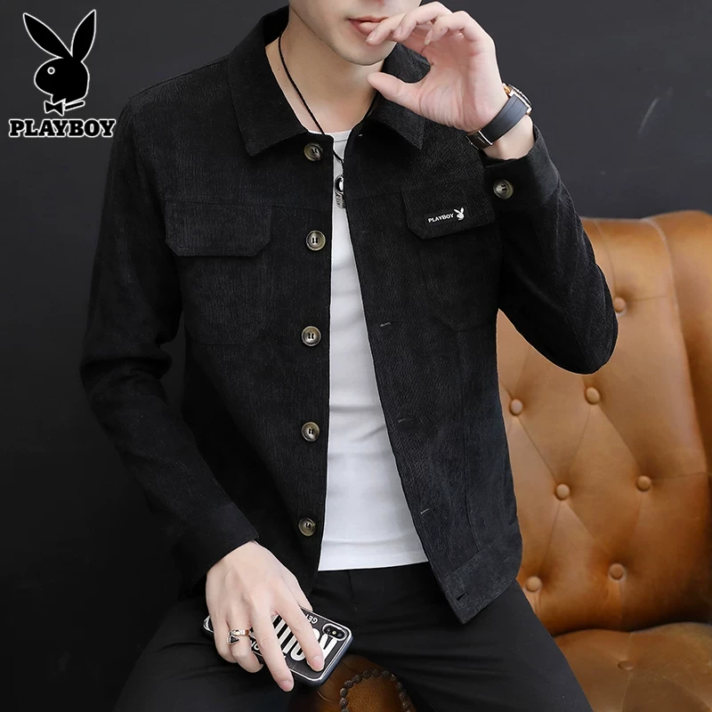 花花公子秋季夹克男士灯芯绒上衣服工装休闲翻领黑色外套男春秋款