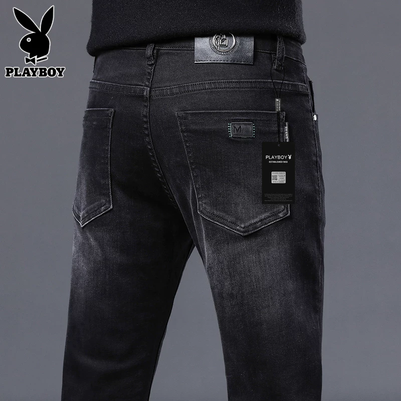 花花公子秋季牛仔裤男士新款休闲修身小脚2024潮牌弹力长裤子男款