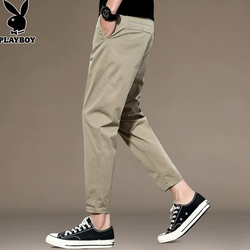 花花公子秋季九分休闲裤男士新款潮牌宽松修身小脚卡其长裤子男款