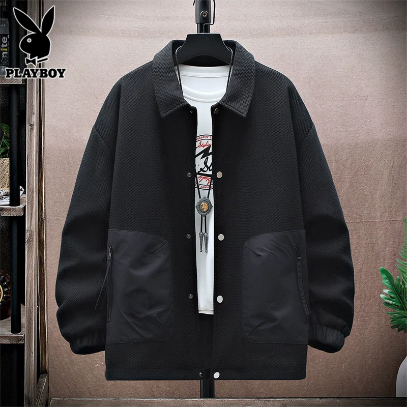 花花公子翻领夹克男士潮流痞帅上衣2024年秋季新款休闲黑色外套男