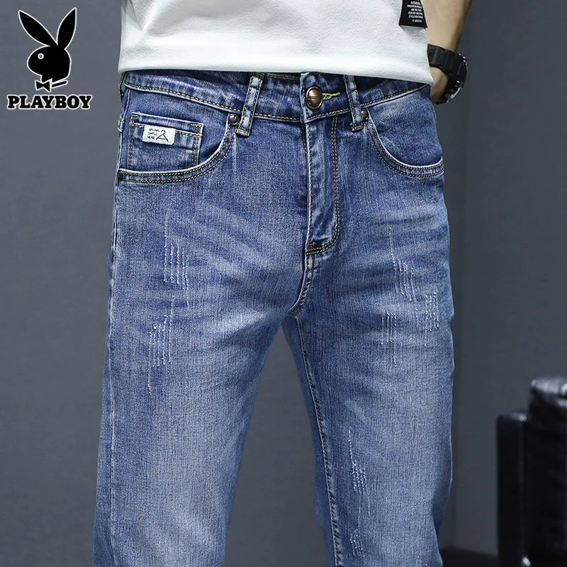 花花公子潮牌牛仔裤男士蓝色长裤2024秋季新款休闲修身小脚裤子男