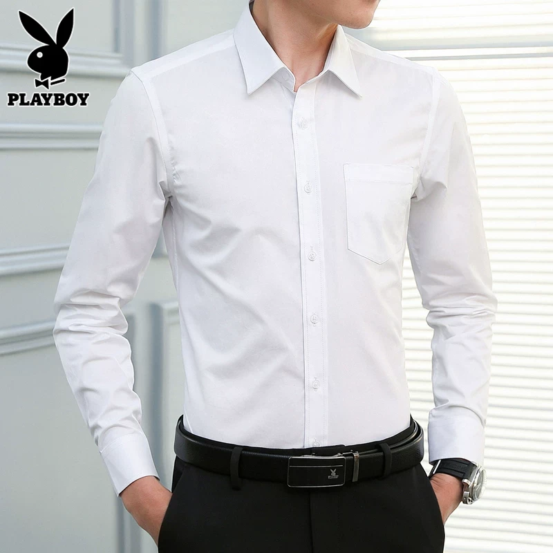 花花公子白色衬衫男士长袖上衣服秋冬季2024新款潮流休闲衬衣男装