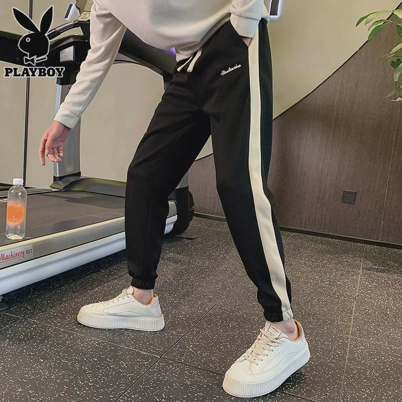 花花公子冬季休闲裤男士潮流秋冬美式条纹卫裤运动九分长裤子男款