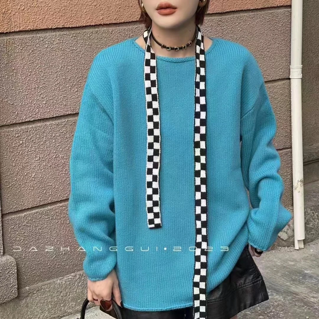 2023欧洲站秋冬新款亮色套头毛衣中长款女慵懒风宽松打底针织衫女