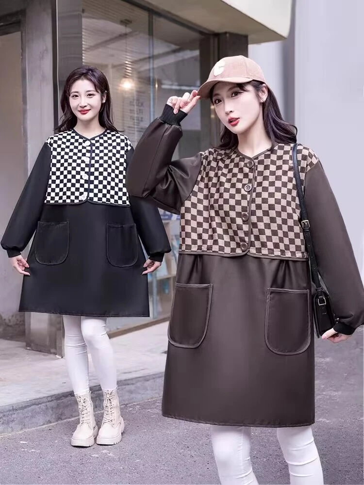 新款拼接棋盘格防水防油长袖罩衣时尚爆款厨房防污反穿工作服家用