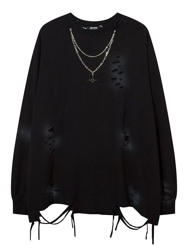 美式复古项链纯色破洞做旧长袖T恤潮牌宽松打底衫男女情侣T恤卫衣