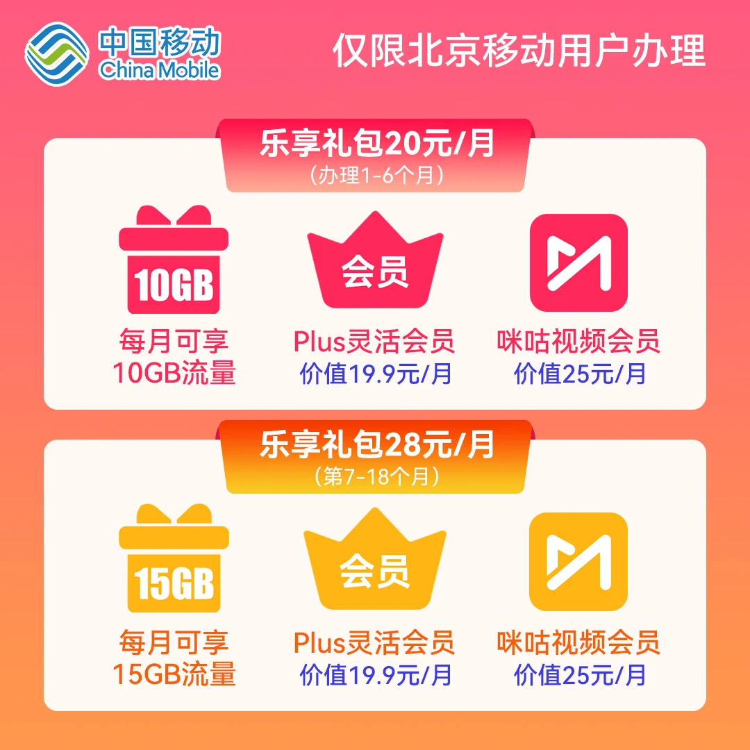 中国移动【流量月包】10GB流量每月仅需20元 送Plus会员 办理链接