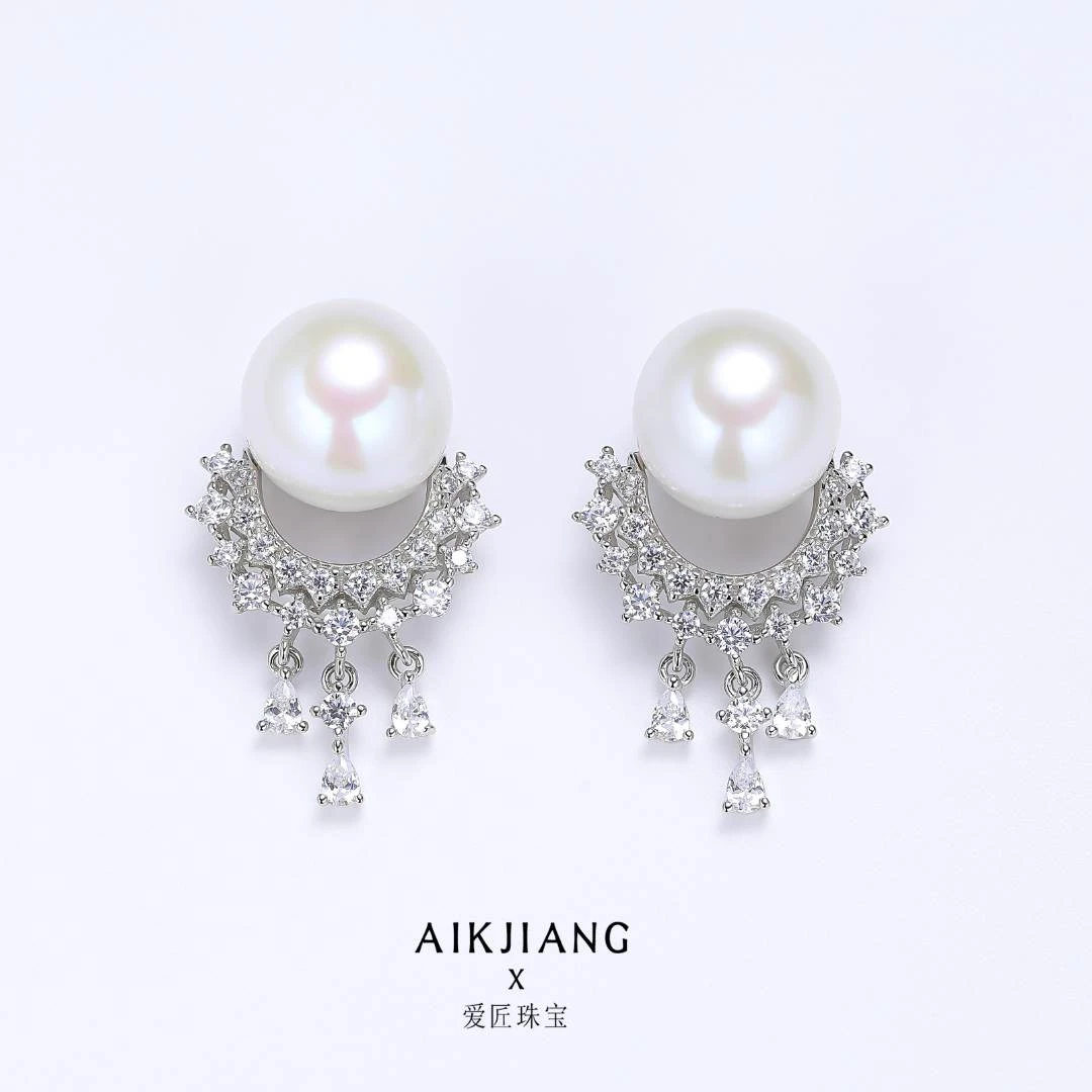 AIKJIANG/爱匠【白总】白雪系列淡水‘流苏款’11-12mm珍珠耳钉AJ1330