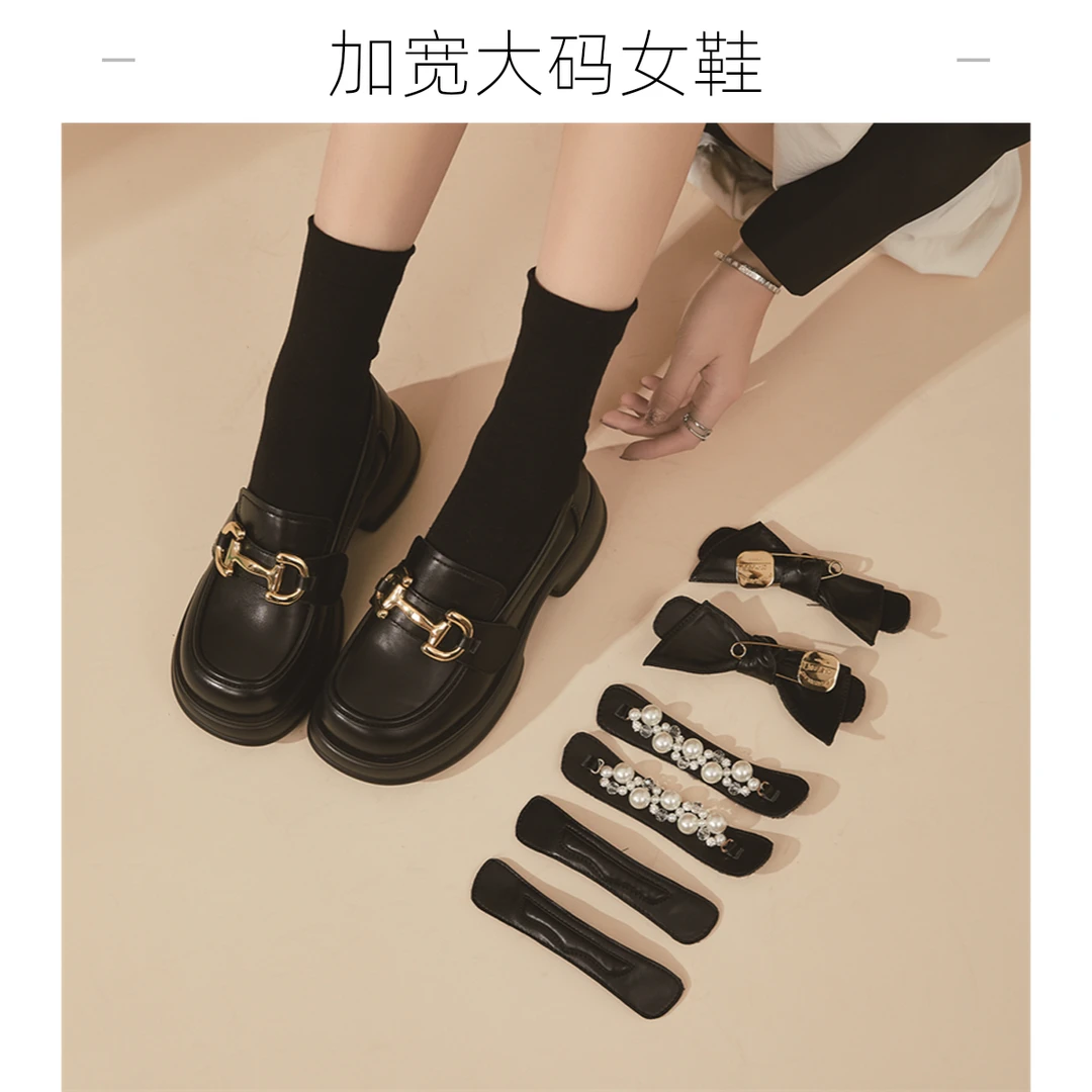 大码胖mm女鞋脚宽肥40-43脚背高41-43黑色小皮鞋女魔术贴一鞋多穿