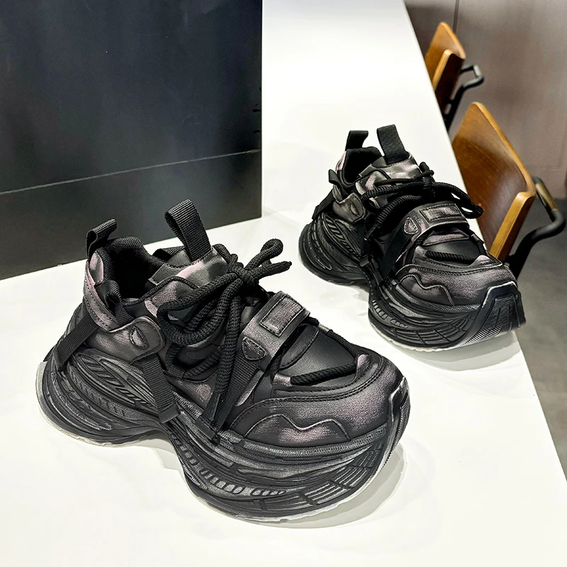 欧货擦色做旧厚底老爹鞋女2024秋季新款圆头系带小个子增高运动鞋