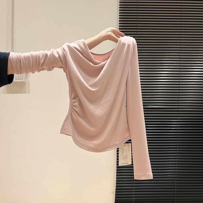 韩系斜肩荡领长袖浅粉色软糯打底衫T恤女秋冬季褶皱显瘦内搭上衣