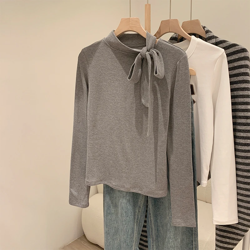 纯色高级感蝴蝶结绑带长袖T恤秋冬季磨毛加厚女款内搭打底衫上衣1