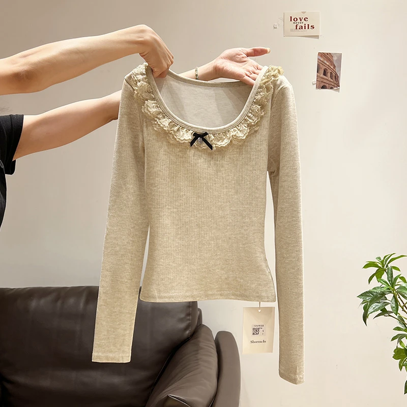 燕麦色U领正肩修身长袖T恤女早春蕾丝花边蝴蝶结设计感打底衫上衣