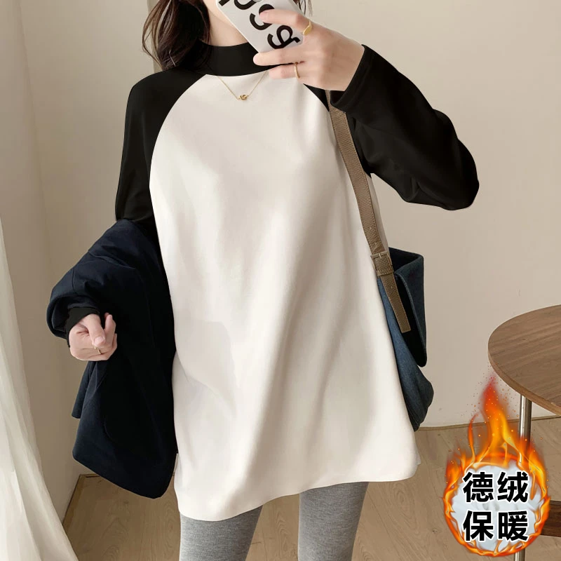 秋冬新款2023插肩长袖t恤女半高领中长款加厚德绒打底衫遮臀上衣