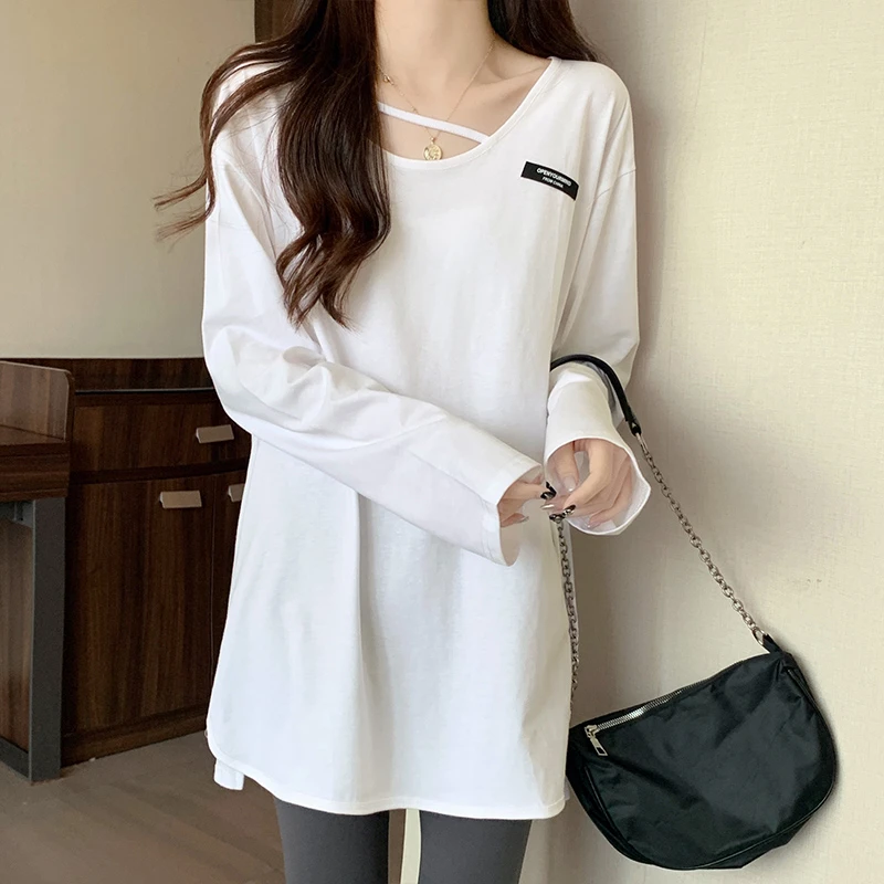 打底衫女内搭长款白色宽松遮臀T恤秋衣春装外穿开叉中长款上衣服