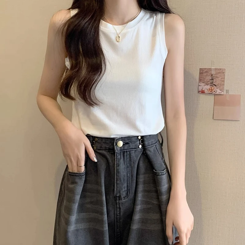 甜辣风纯色圆领无袖夏季女装显瘦内搭打底吊带背心遮副乳显瘦上衣