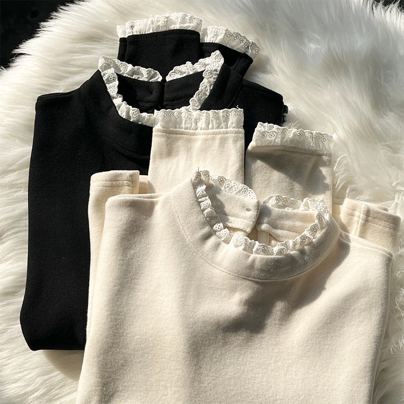 半高领蕾丝德绒加厚保暖内搭打底衫秋冬叠穿洋气时尚百搭减龄上衣