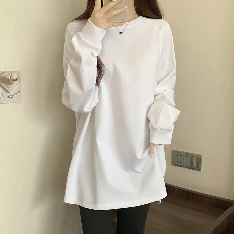 白色长袖T恤女秋冬卫衣叠穿中长款遮屁股宽松内搭打底衫德绒上衣