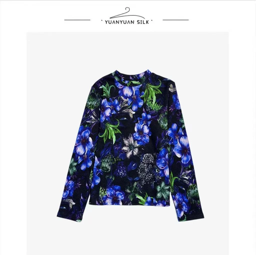 QC 圆领印花桑蚕丝打底衫女秋冬2024新款百搭长袖秋冬上衣k65