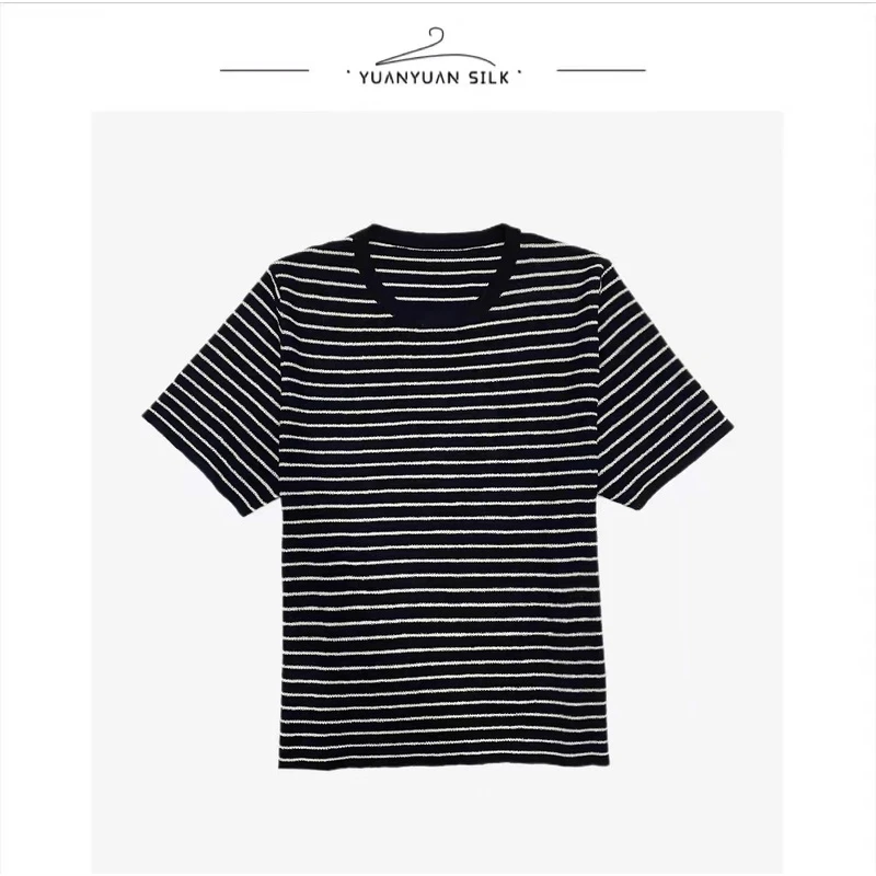 C 2800强捻蚕丝条纹修身气质减龄时尚设计感圆领上衣C22