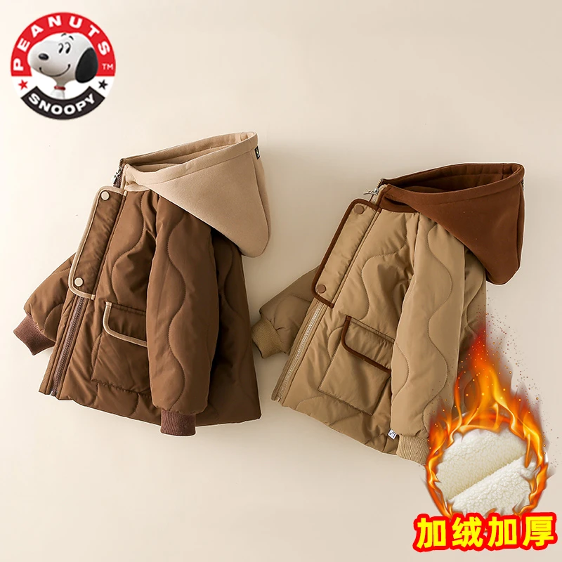 史努比2023冬装男女童棉衣儿童加绒加厚防寒保暖连帽宝宝棉服外套