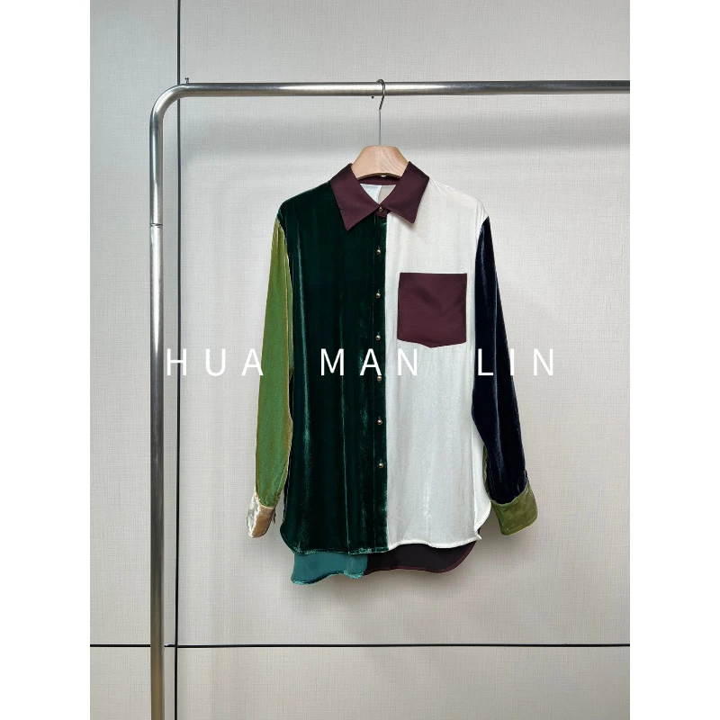 【花滿林】翻领撞色拼接单边口袋桑蚕丝丝绒拼接丝毛上衣246768