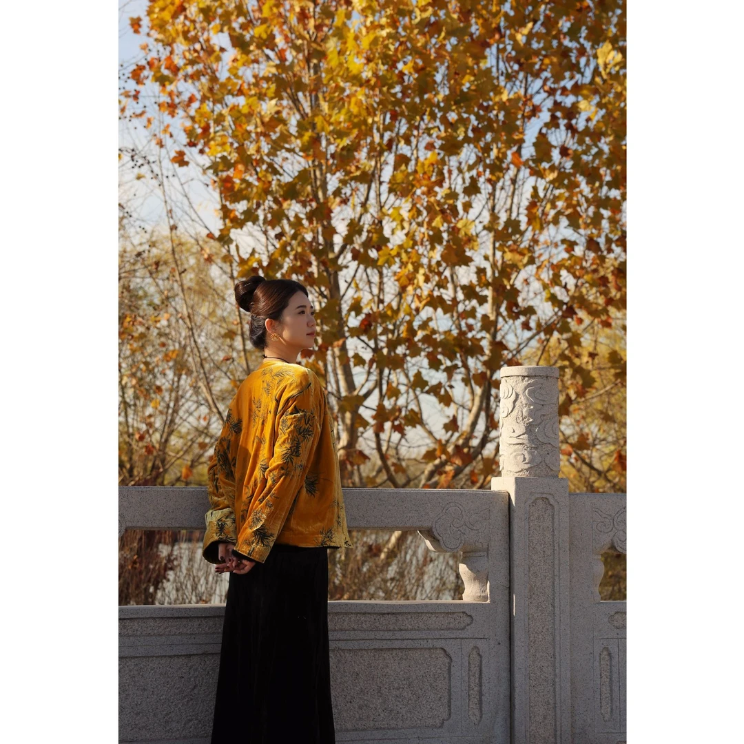 【花滿林】‘竹染’圆领刺绣真丝桑蚕丝丝绒卷边金黄色外套246559