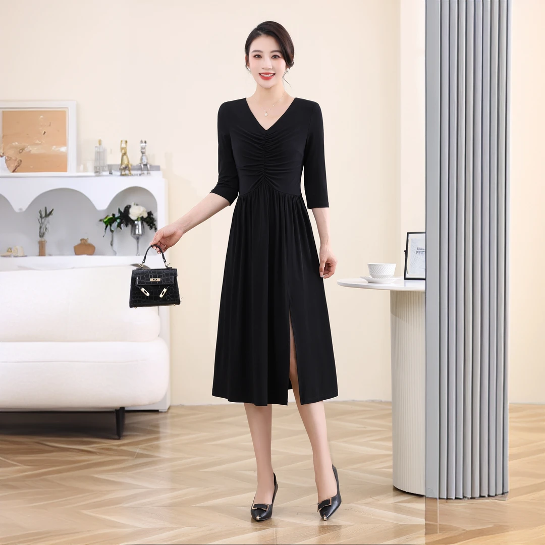 E805春夏季新款v领简约时尚气质女装腰间抽褶设计感纯色连衣裙