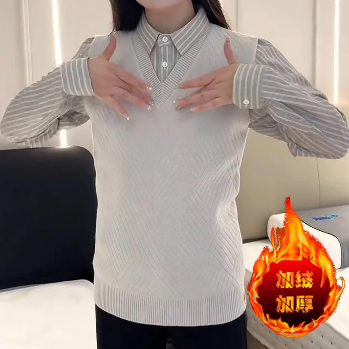 秋冬针织衫男士韩版时尚百搭加绒加厚修身衬衫领针织假两件毛衣男