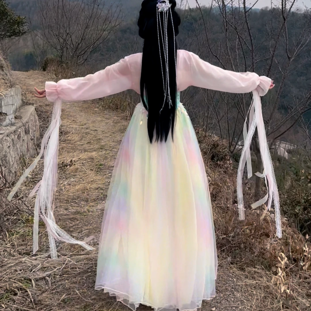 粉黄色彩虹小袖日常古风仙女服套装