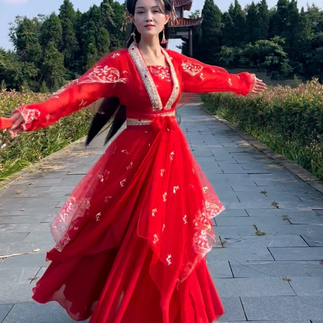 (定制) 红色绣花不规则小袖日常古风仙女服套装