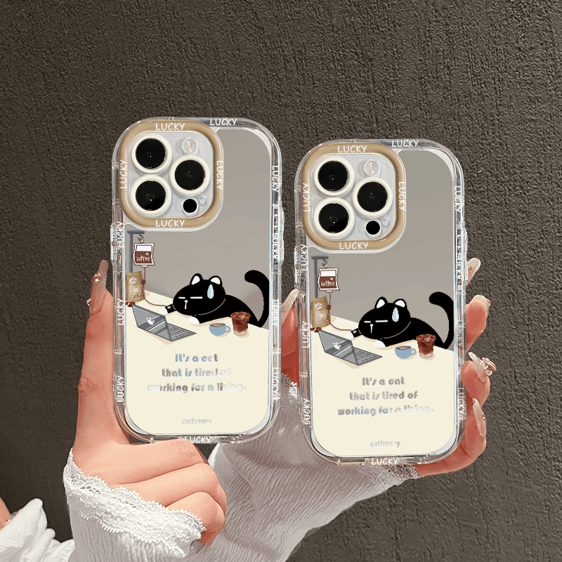 适用苹果14镜面奶油iPhone15pro手机壳13创意华为p70防摔加班猫咪