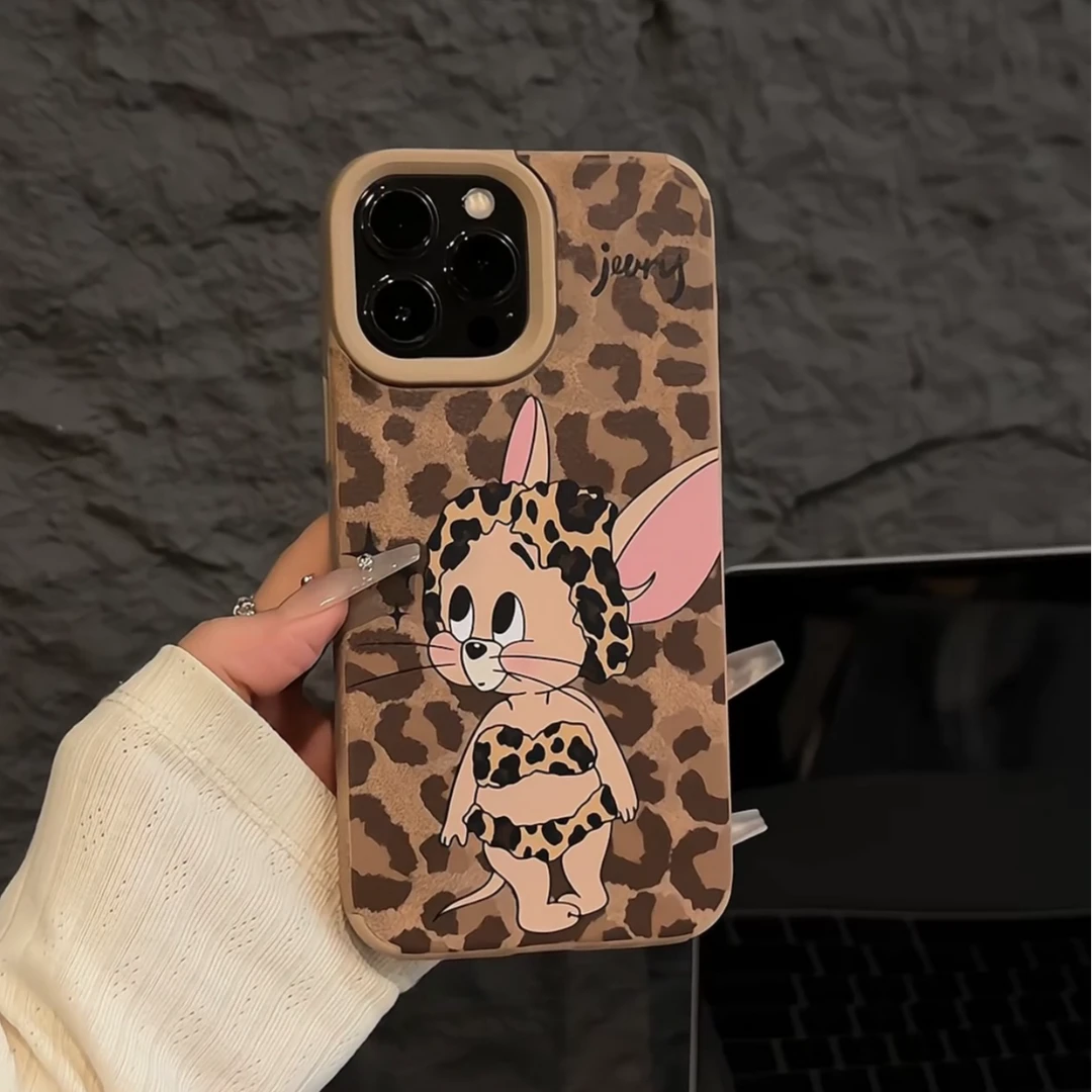 适用苹果iPhone16pro手机壳15pro大孔翻毛皮豹纹杰瑞14防摔全包13