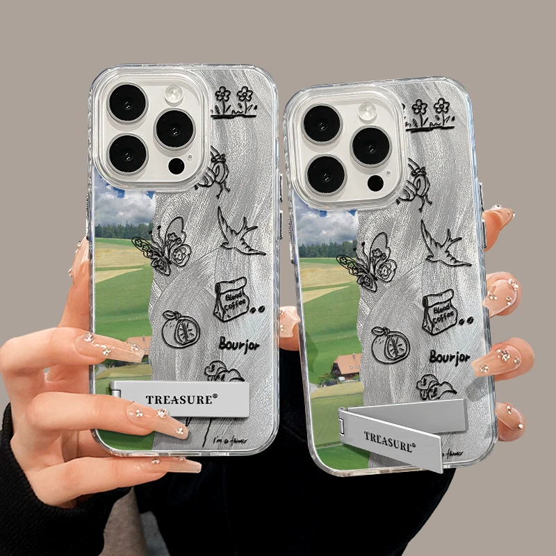 适用苹果15支架iPhone14手机壳13华为蓝天白云涂鸦IMD羽纱mate60