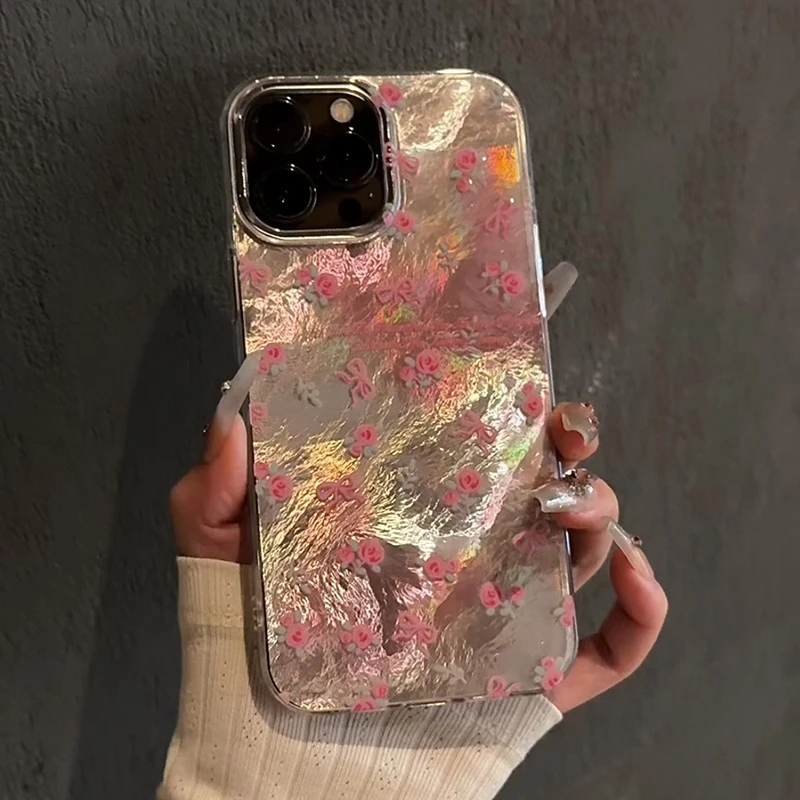 适用15苹果16promax手机壳创意华为p晕染碎花蝴蝶结mate漩涡壳IMD